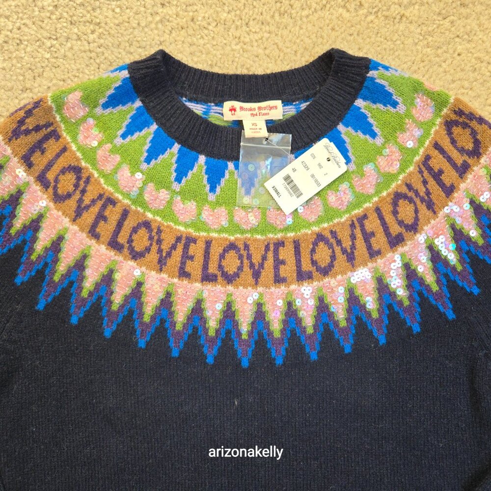NWT Brooks Brothers LOVE Fair Isle Merino Wool Sweater Sequin Hearts XS